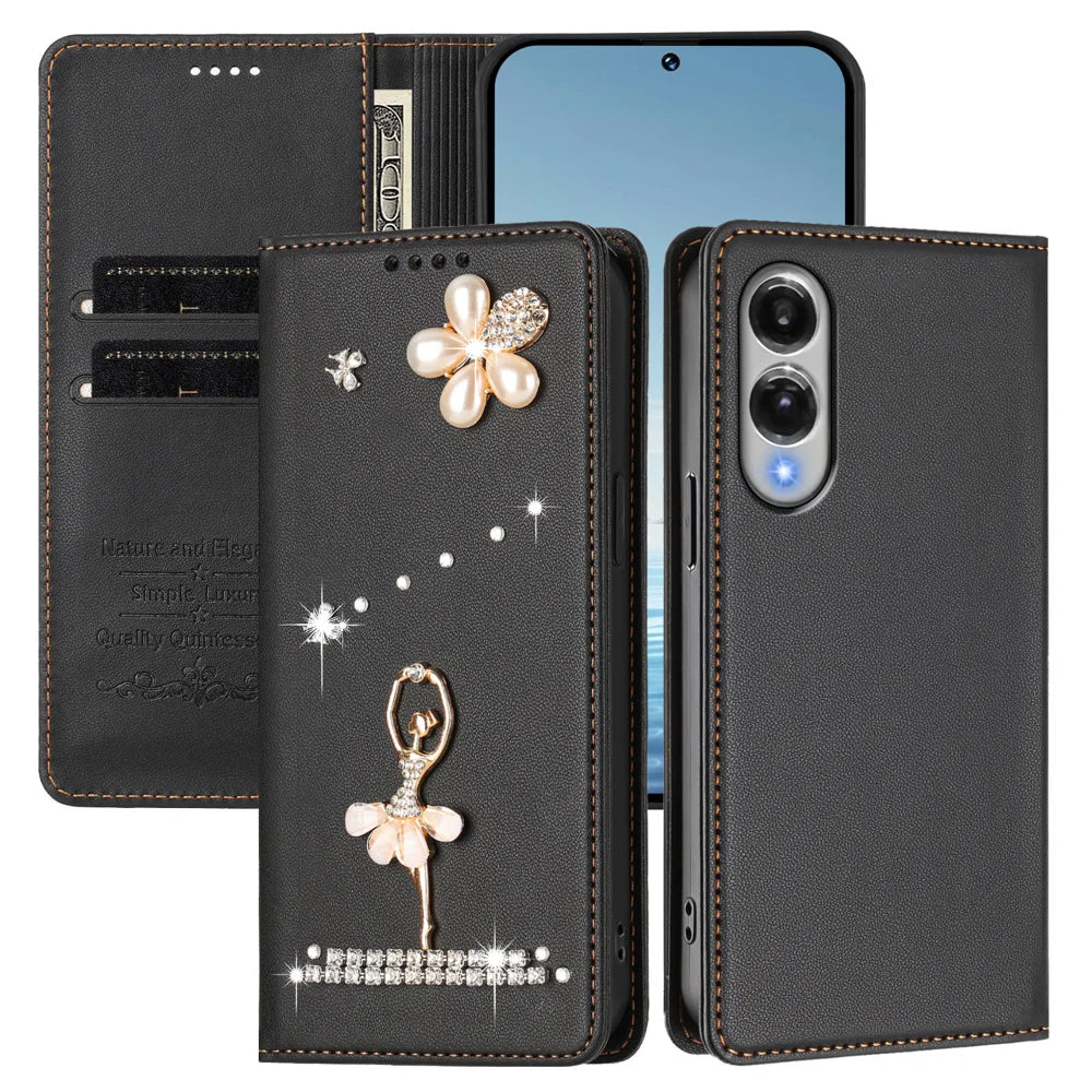 For Samsung Galaxy S25 Edge Leather Case RFID Blocking Wallet Stand Rhinestones Ballet Dancer Flip Phone Cover - Black - 2