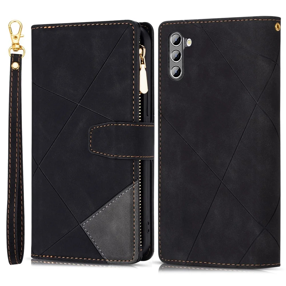 Leather Wallet Phone Case for Samsung Galaxy S23 Anti-Fall Protective Cover Color Splicing Stand Imprinting Lines Phone Case with Zipper Pocket - Black - 1