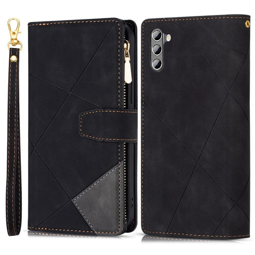 Leather Wallet Phone Case for Samsung Galaxy S23 Anti-Fall Protective Cover Color Splicing Stand Imprinting Lines Phone Case with Zipper Pocket - Black - 1