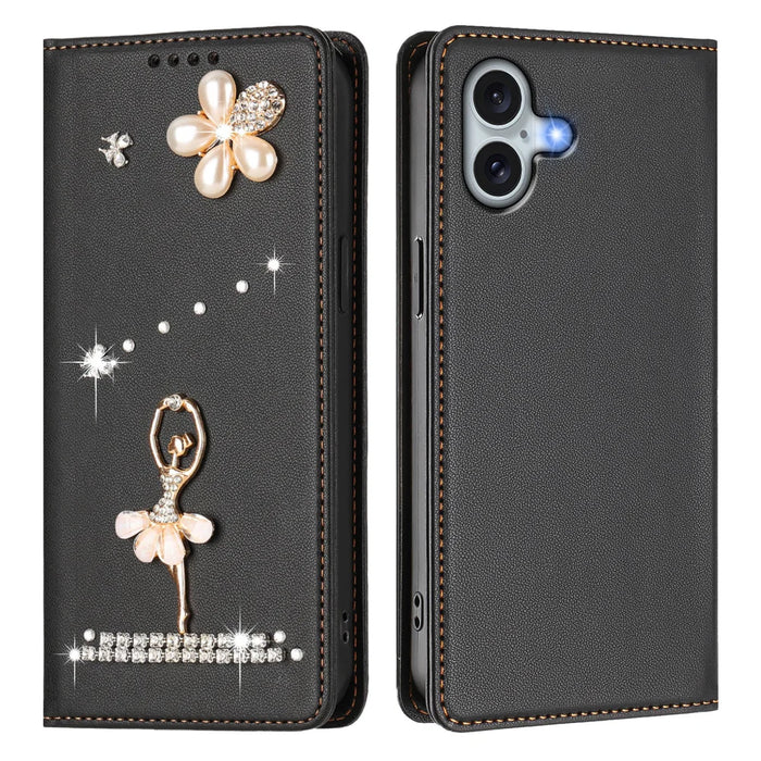For iPhone 16 Plus Leather Case RFID Blocking Wallet Stand Rhinestones Ballet Dancer Flip Phone Cover - Black - 1