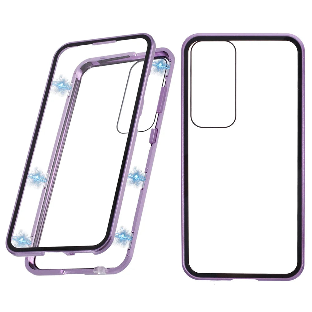 For Samsung Galaxy A37 5G Case Double-Sided Tempered Glass Phone Cover with Magnetic Adsorption Metal Frame -  Purple - 1