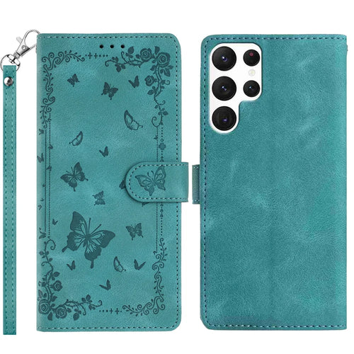 For Samsung Galaxy S25 Ultra Case Garden Imprinted PU Leather Wallet Phone Cover with Wrist Strap - Green - 1