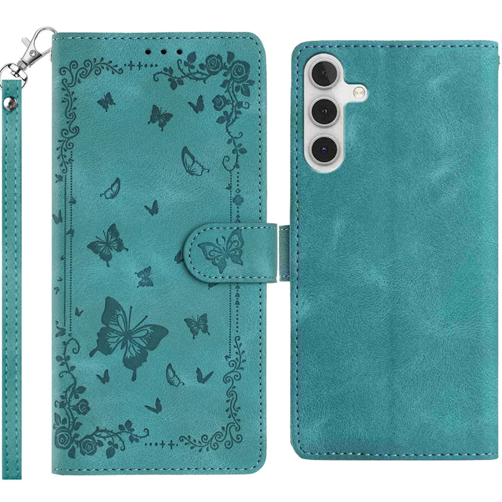 For Samsung Galaxy S25 FE Case Garden Imprinted PU Leather Wallet Phone Cover with Wrist Strap - Green - 1