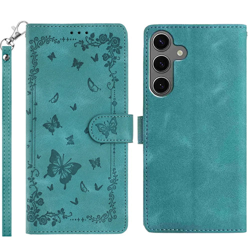 For Samsung Galaxy S25 Case Garden Imprinted PU Leather Wallet Phone Cover with Wrist Strap - Green - 1