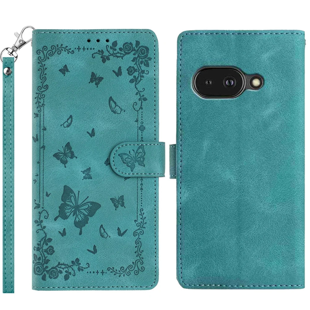 For Google Pixel 9a Case Garden Imprinted PU Leather Wallet Phone Cover with Wrist Strap - Green - 1