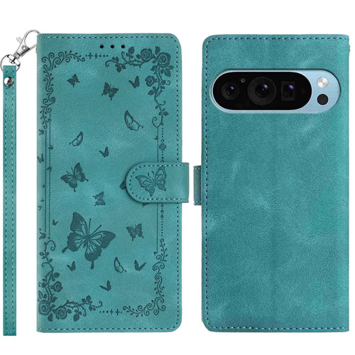 For Google Pixel 9 Pro / Google Pixel 9 / Google Pixel 10 Pro / Google Pixel 10 Case Garden Imprinted PU Leather Wallet Phone Cover with Wrist Strap - Green - 1