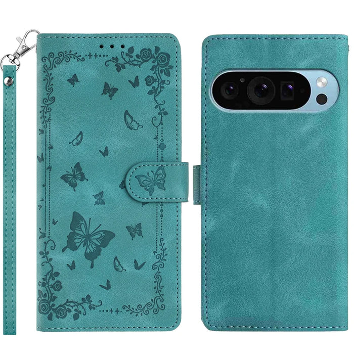 For Google Pixel 9 Pro / Google Pixel 9 / Google Pixel 10 Pro / Google Pixel 10 Case Garden Imprinted PU Leather Wallet Phone Cover with Wrist Strap - Green - 1