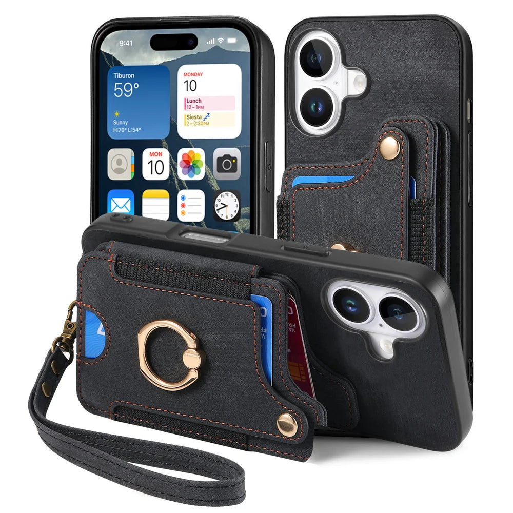 For iPhone 17 Retro PU Leather Back Cover with RFID Blocking Card Holder - Black - 1