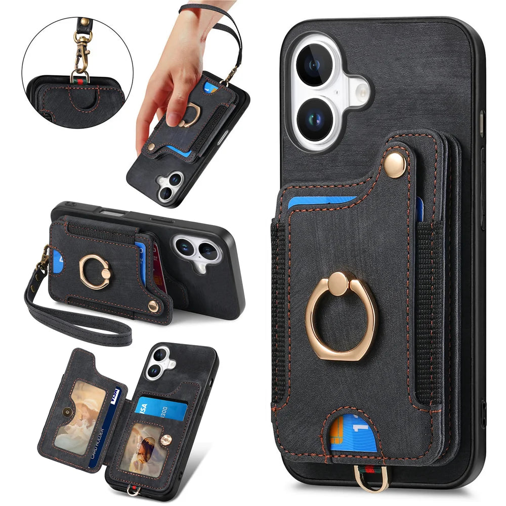 For iPhone 17 Retro PU Leather Back Cover with RFID Blocking Card Holder - Black - 2