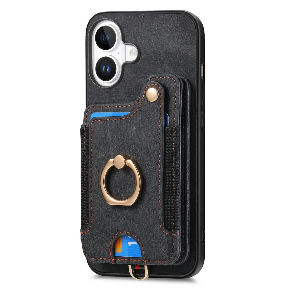 For iPhone 17 Retro PU Leather Back Cover with RFID Blocking Card Holder - Black - 3