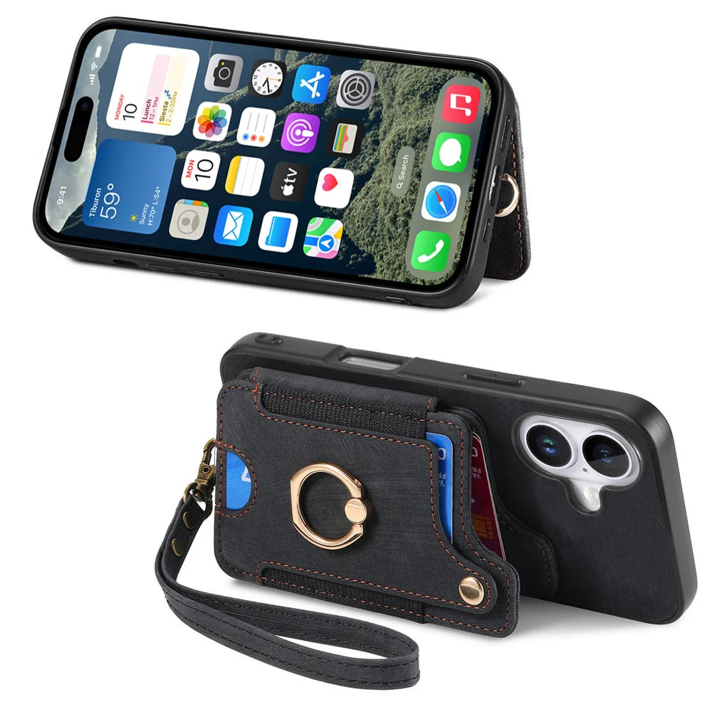 For iPhone 17 Retro PU Leather Back Cover with RFID Blocking Card Holder - Black - 4
