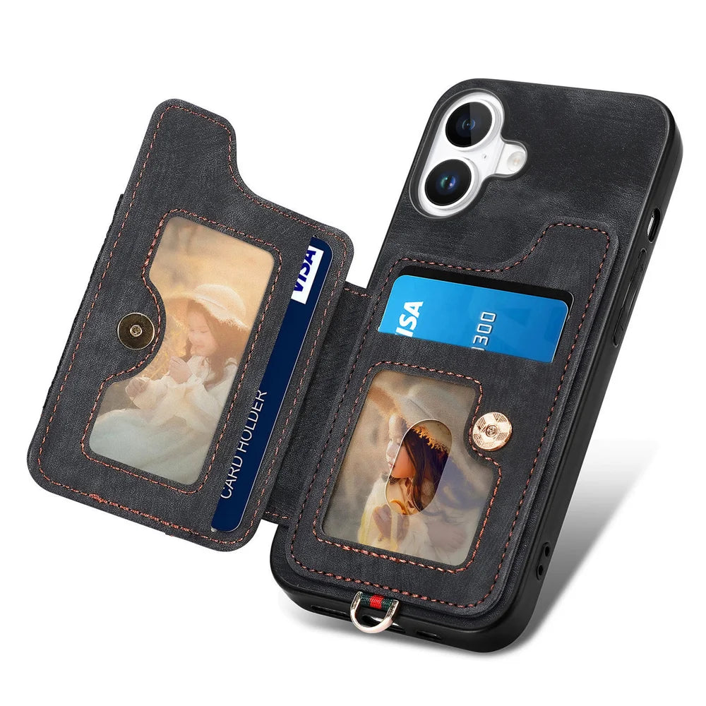 For iPhone 17 Retro PU Leather Back Cover with RFID Blocking Card Holder - Black - 5