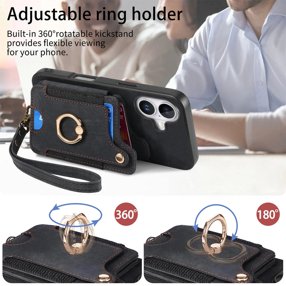 For iPhone 17 Retro PU Leather Back Cover with RFID Blocking Card Holder - Black - 6