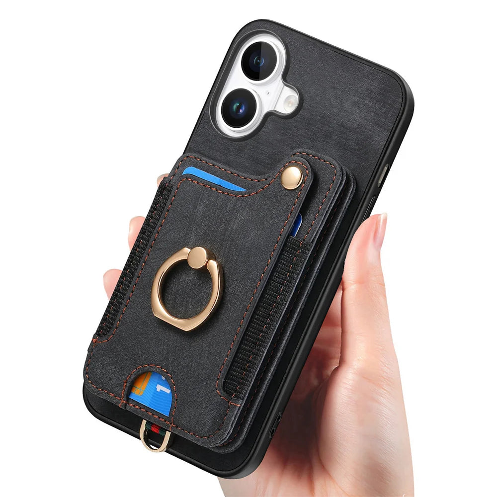 For iPhone 17 Retro PU Leather Back Cover with RFID Blocking Card Holder - Black - 7