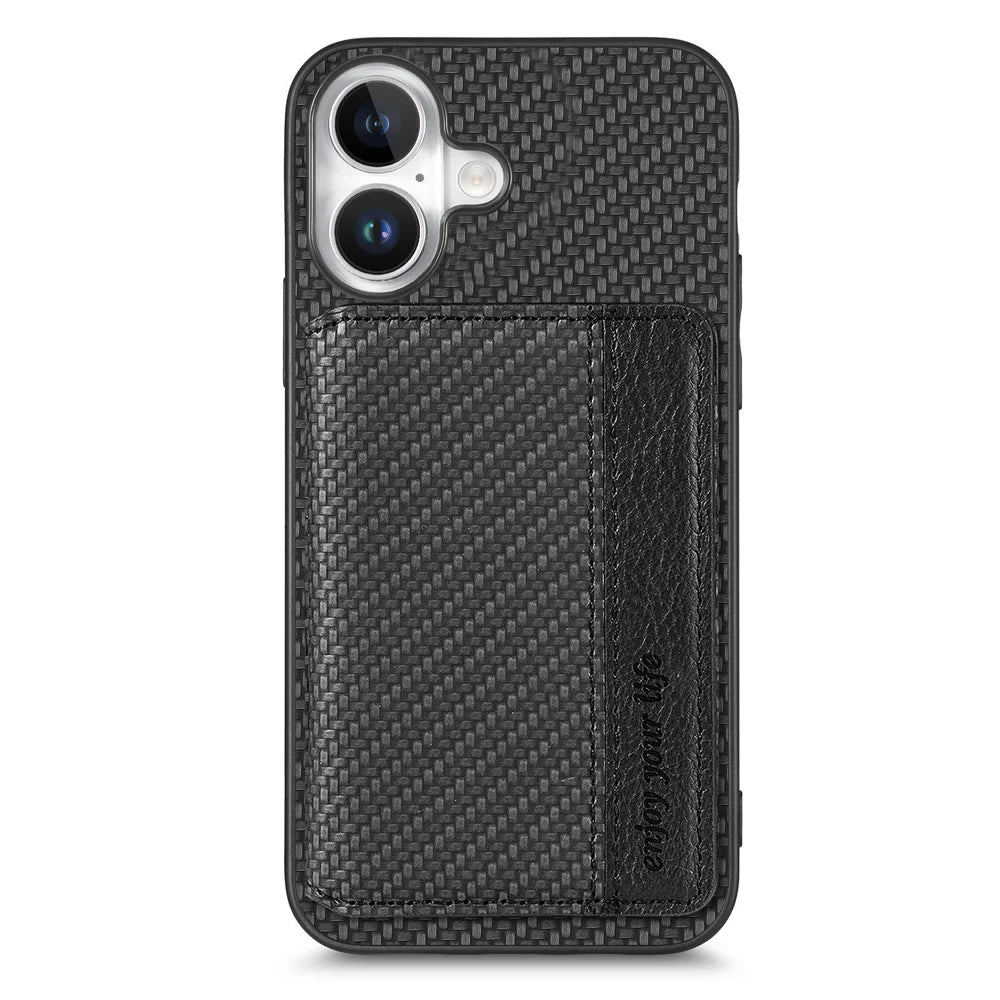 For iPhone 17 Case RFID Blocking Carbon Fiber Leather Phone Back Cover with Card Holder - Black - 1