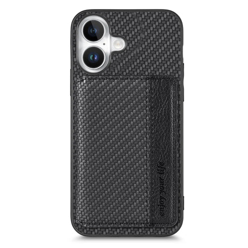 For iPhone 17 Case RFID Blocking Carbon Fiber Leather Phone Back Cover with Card Holder - Black - 1
