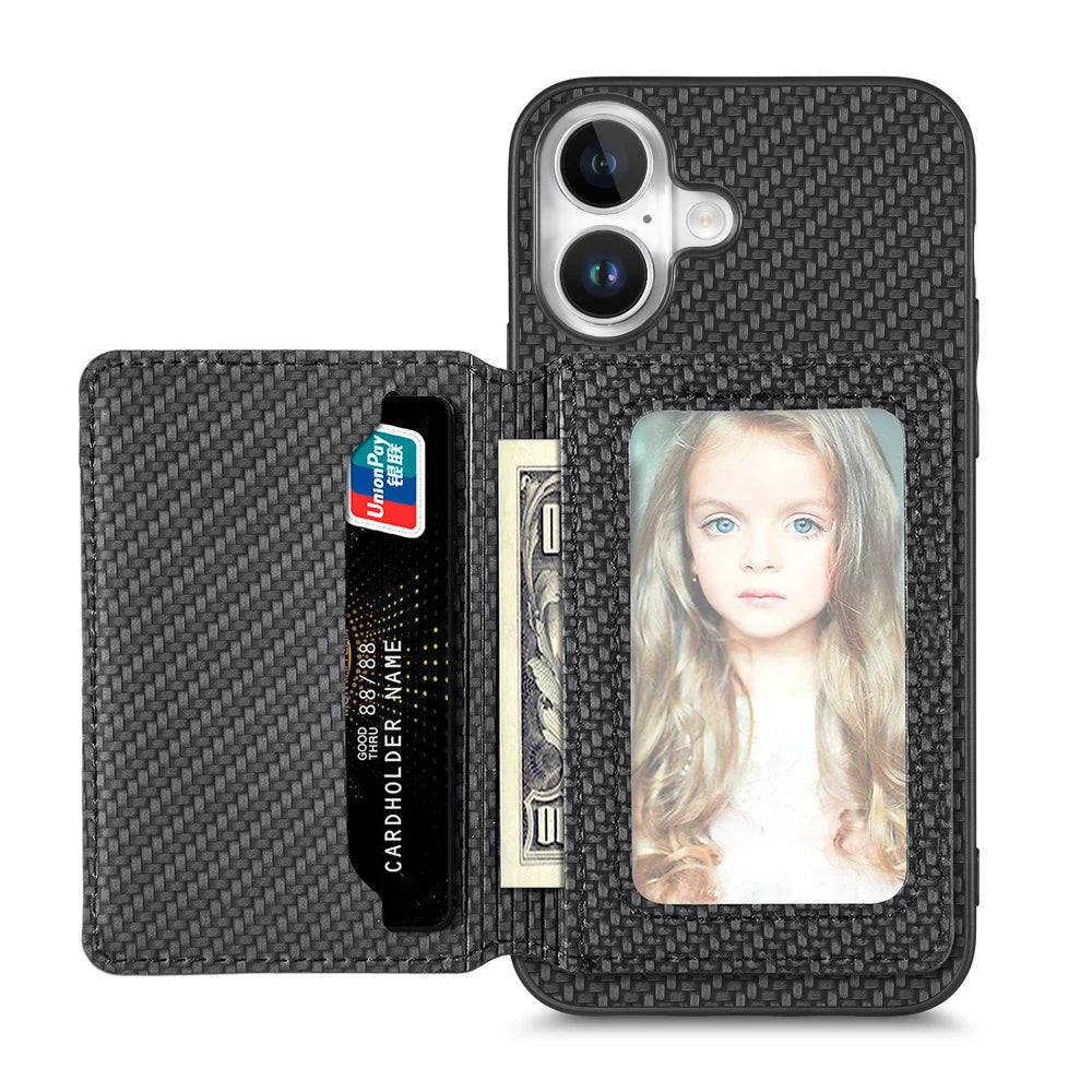 For iPhone 17 Case RFID Blocking Carbon Fiber Leather Phone Back Cover with Card Holder - Black - 2