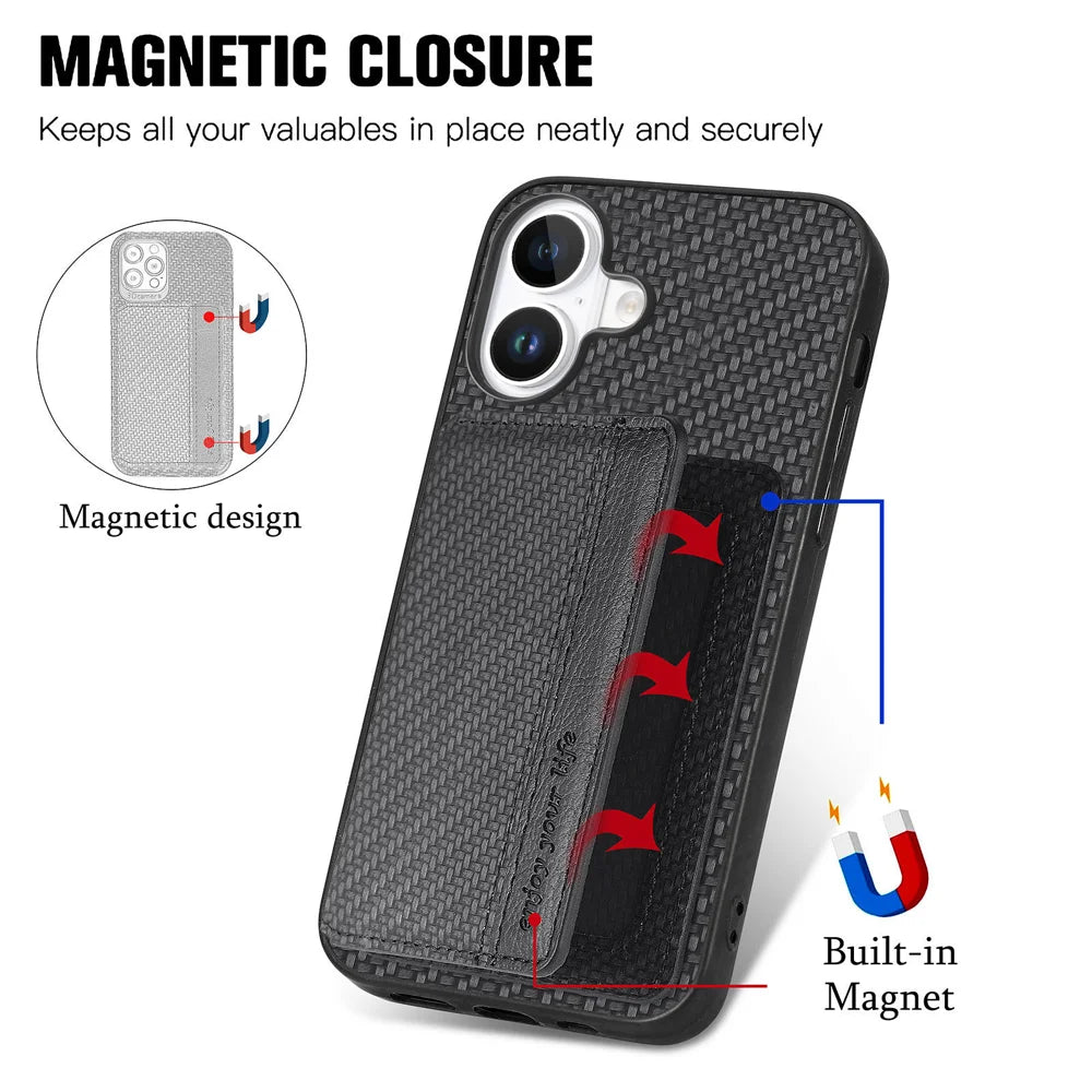 For iPhone 17 Case RFID Blocking Carbon Fiber Leather Phone Back Cover with Card Holder - Black - 3