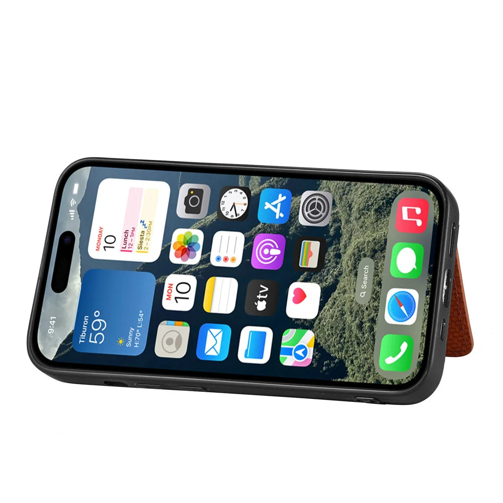 For iPhone 17 Case RFID Blocking Carbon Fiber Leather Phone Back Cover with Card Holder - Black - 4