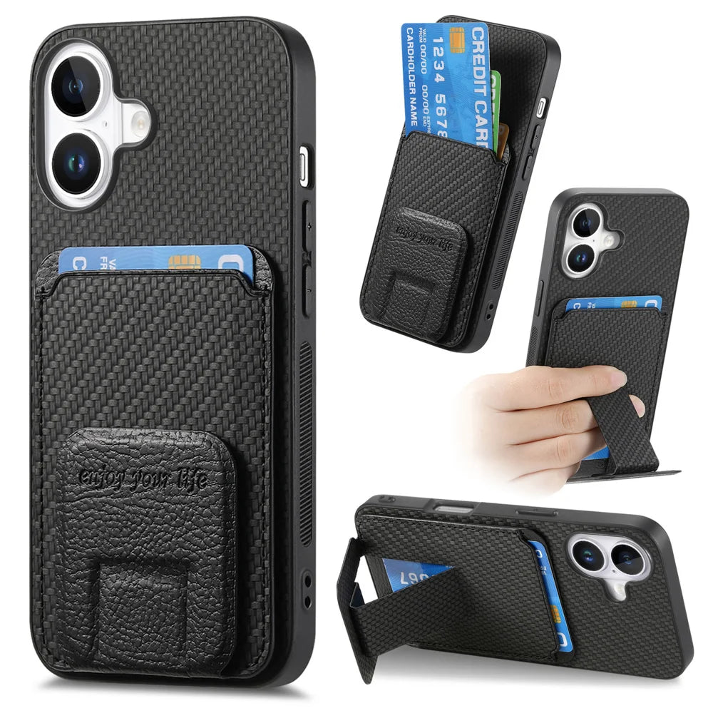 For iPhone 17 Case Card Holder Carbon Fiber Texture Leather Coated TPU Phone Cover - Black - 1