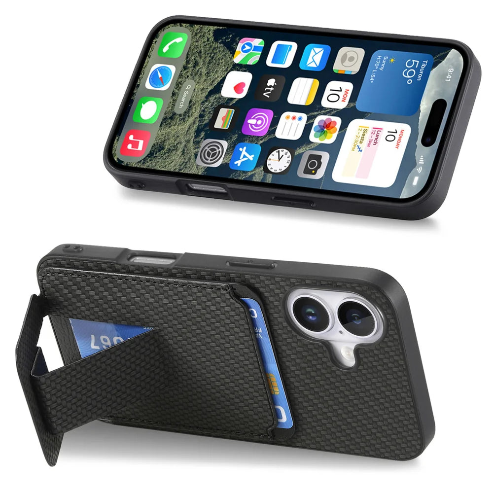 For iPhone 17 Case Card Holder Carbon Fiber Texture Leather Coated TPU Phone Cover - Black - 2