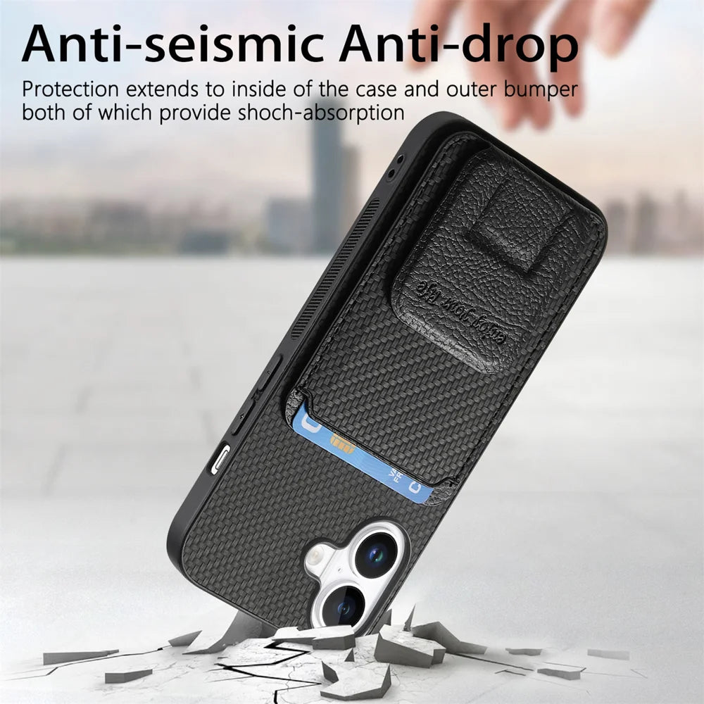 For iPhone 17 Case Card Holder Carbon Fiber Texture Leather Coated TPU Phone Cover - Black - 3