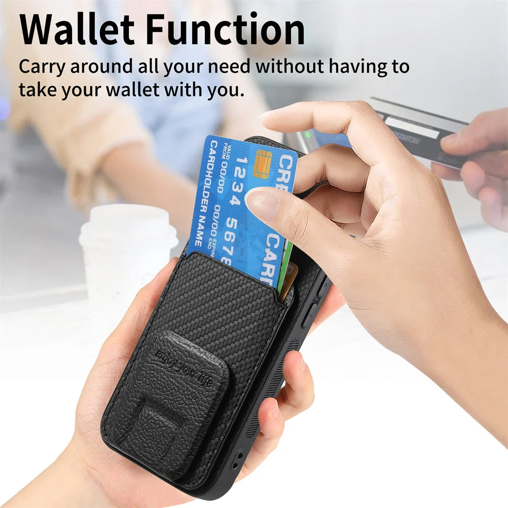 For iPhone 17 Case Card Holder Carbon Fiber Texture Leather Coated TPU Phone Cover - Black - 4