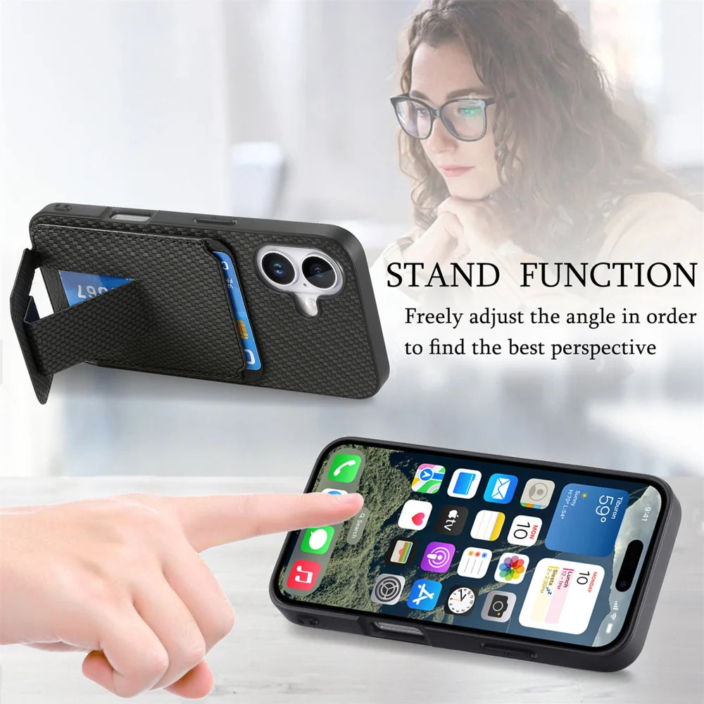 For iPhone 17 Case Card Holder Carbon Fiber Texture Leather Coated TPU Phone Cover - Black - 5