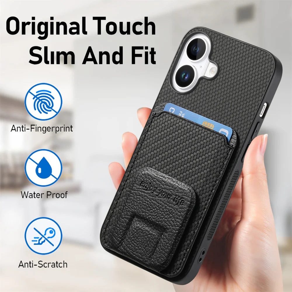 For iPhone 17 Case Card Holder Carbon Fiber Texture Leather Coated TPU Phone Cover - Black - 6
