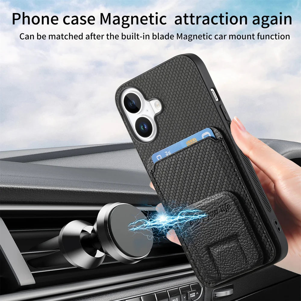 For iPhone 17 Case Card Holder Carbon Fiber Texture Leather Coated TPU Phone Cover - Black - 7