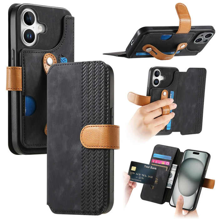 For iPhone 17 Wallet Case Retro Leather Phone Cover with Wristband Kickstand - Black - 1