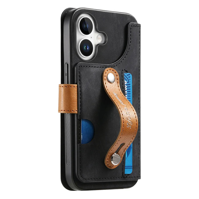 For iPhone 17 Wallet Case Retro Leather Phone Cover with Wristband Kickstand - Black - 3
