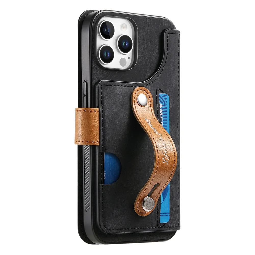 For iPhone 16 Pro / iPhone 16 Pro Max Wallet Case Retro Leather Phone Cover with Wristband Kickstand - Black - 3