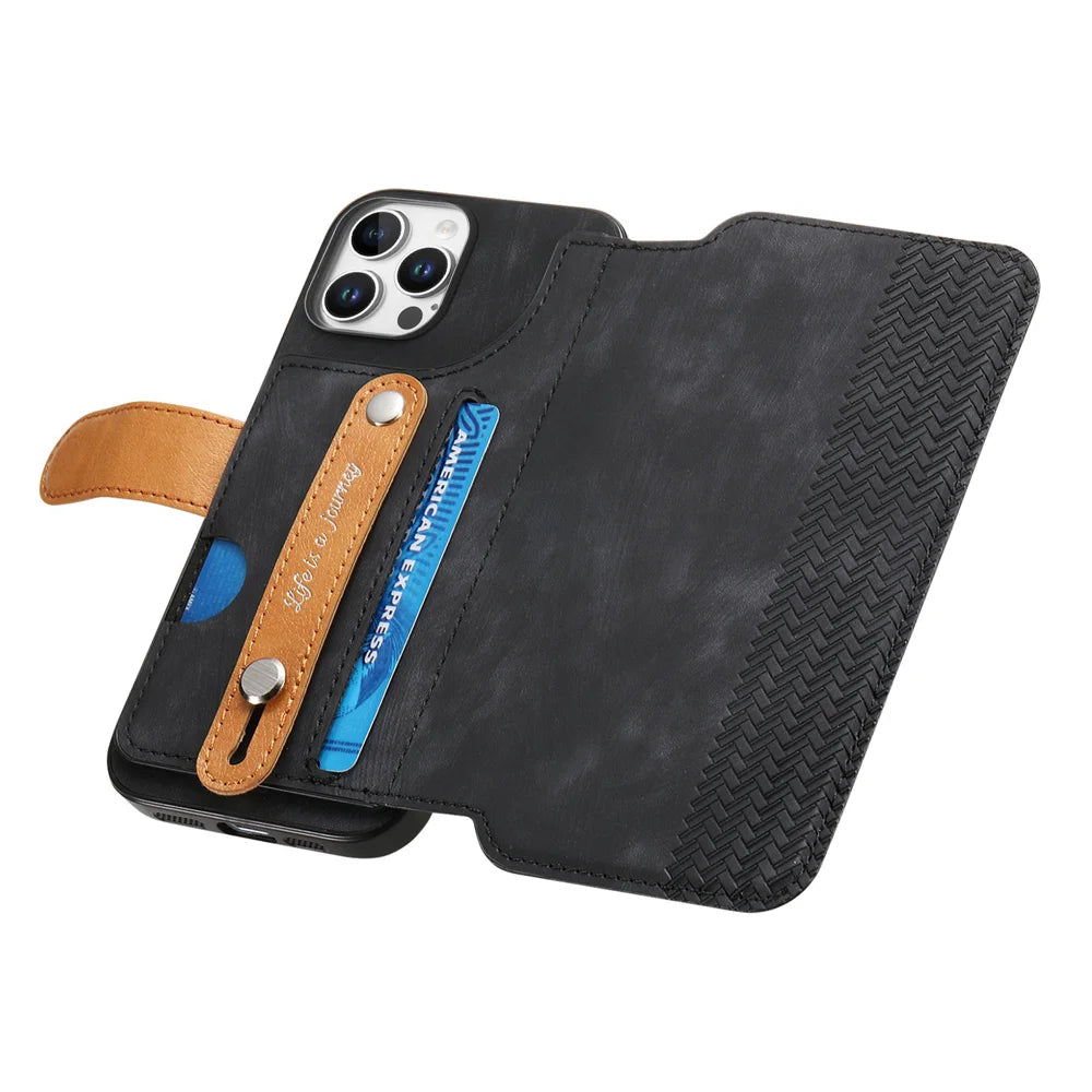 For iPhone 16 Pro / iPhone 16 Pro Max Wallet Case Retro Leather Phone Cover with Wristband Kickstand - Black - 5