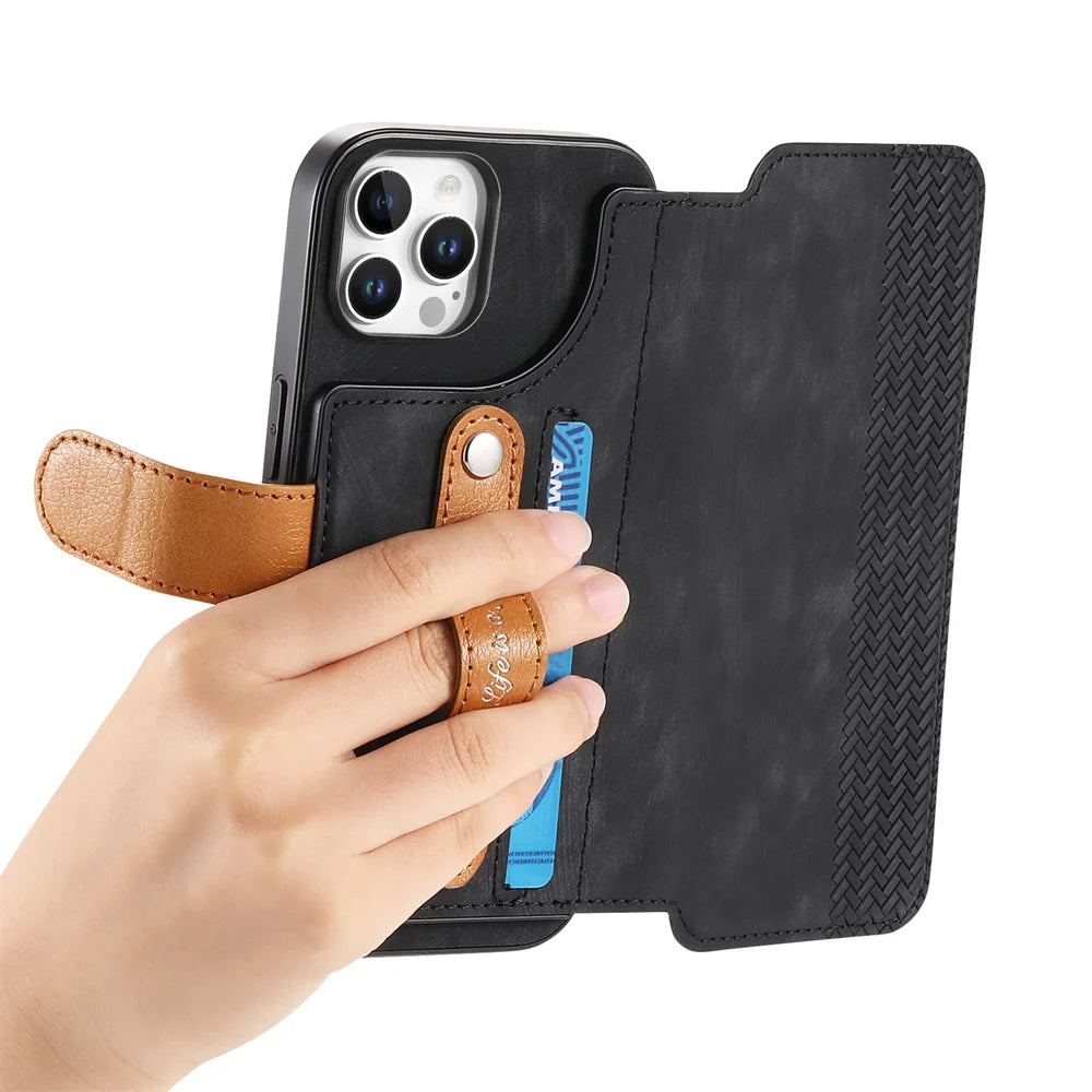 For iPhone 16 Pro / iPhone 16 Pro Max Wallet Case Retro Leather Phone Cover with Wristband Kickstand - Black - 6