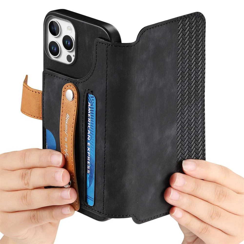 For iPhone 16 Pro / iPhone 16 Pro Max Wallet Case Retro Leather Phone Cover with Wristband Kickstand - Black - 7