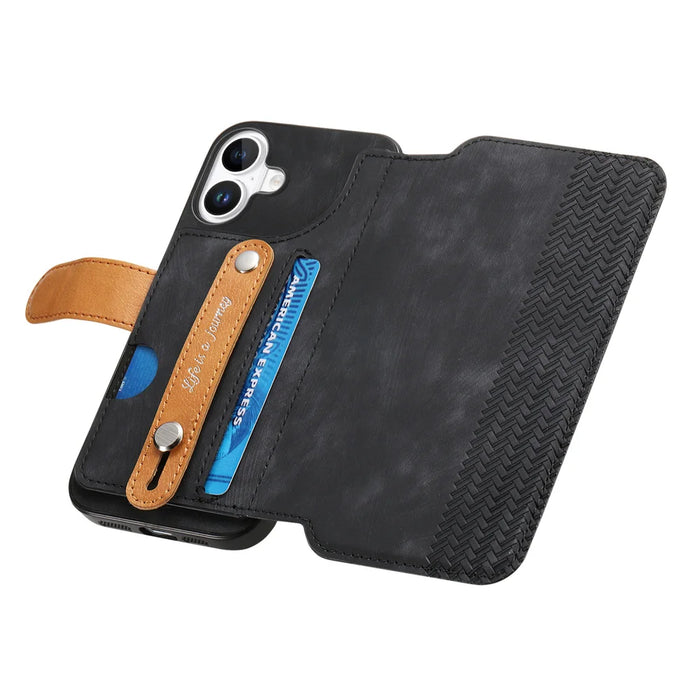 For iPhone 16 Plus / iPhone 16 Wallet Case Retro Leather Phone Cover with Wristband Kickstand - Black - 5