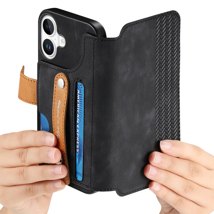 For iPhone 16 Plus / iPhone 16 Wallet Case Retro Leather Phone Cover with Wristband Kickstand - Black - 7
