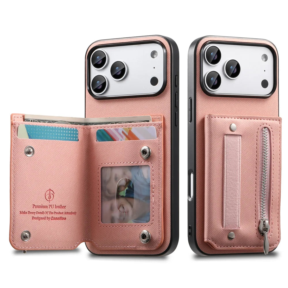 For iPhone 18 Pro Max / 17 Pro Max Case RFID Blocking Card Holder Jeans Cloth Texture Leather Back Cover with Elastic Wristband - Pink - 2