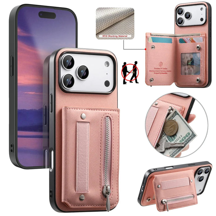 For iPhone 18 Pro / 17 Pro Case RFID Blocking Card Holder Jeans Cloth Texture Leather Back Cover with Elastic Wristband - Pink - 1