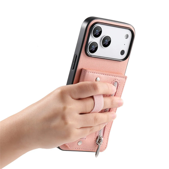 For iPhone 18 Pro / 17 Pro Case RFID Blocking Card Holder Jeans Cloth Texture Leather Back Cover with Elastic Wristband - Pink - 3