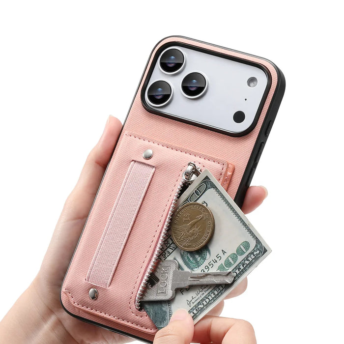 For iPhone 18 Pro / 17 Pro Case RFID Blocking Card Holder Jeans Cloth Texture Leather Back Cover with Elastic Wristband - Pink - 4