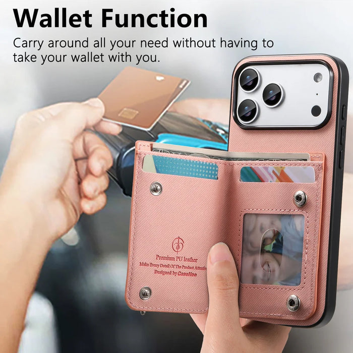 For iPhone 18 Pro / 17 Pro Case RFID Blocking Card Holder Jeans Cloth Texture Leather Back Cover with Elastic Wristband - Pink - 5