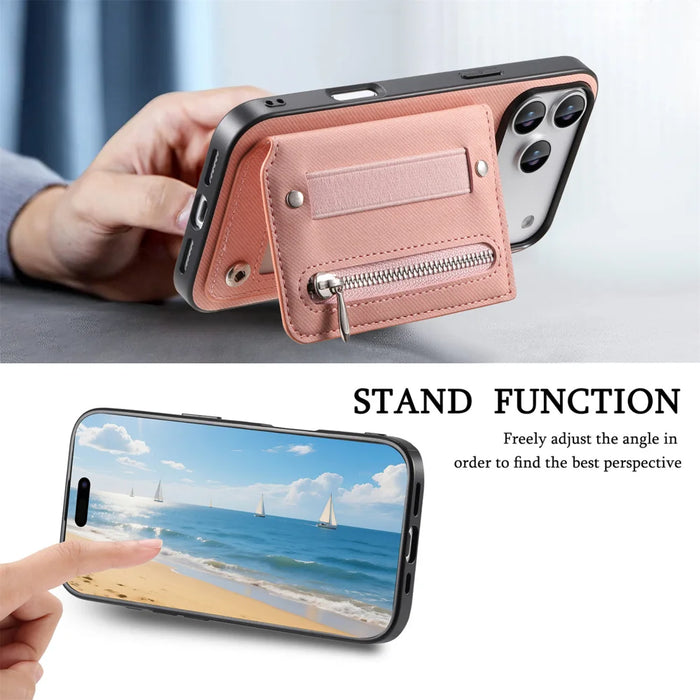 For iPhone 18 Pro / 17 Pro Case RFID Blocking Card Holder Jeans Cloth Texture Leather Back Cover with Elastic Wristband - Pink - 6