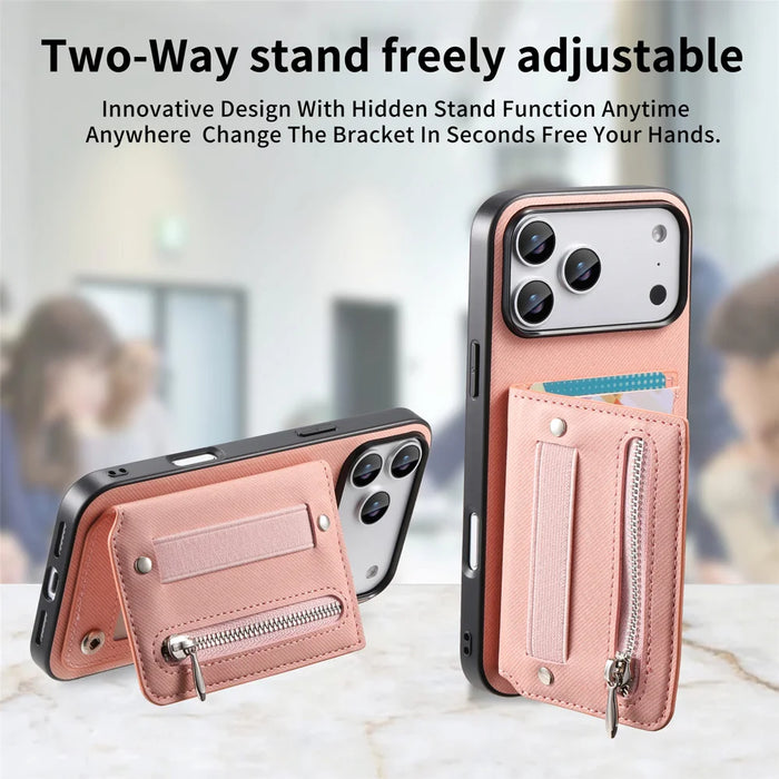 For iPhone 18 Pro / 17 Pro Case RFID Blocking Card Holder Jeans Cloth Texture Leather Back Cover with Elastic Wristband - Pink - 7
