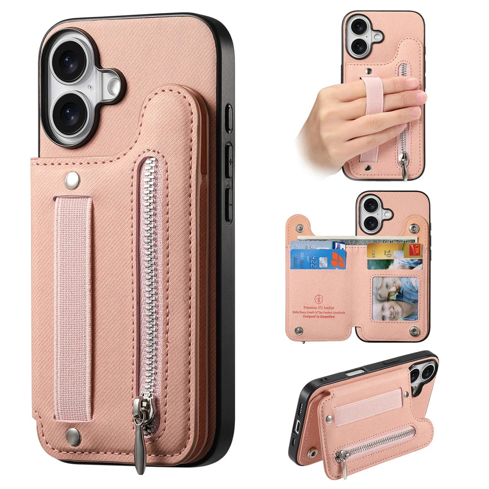 For iPhone 17 Case RFID Blocking Card Holder Jeans Cloth Texture Leather Back Cover with Elastic Wristband - Pink - 1