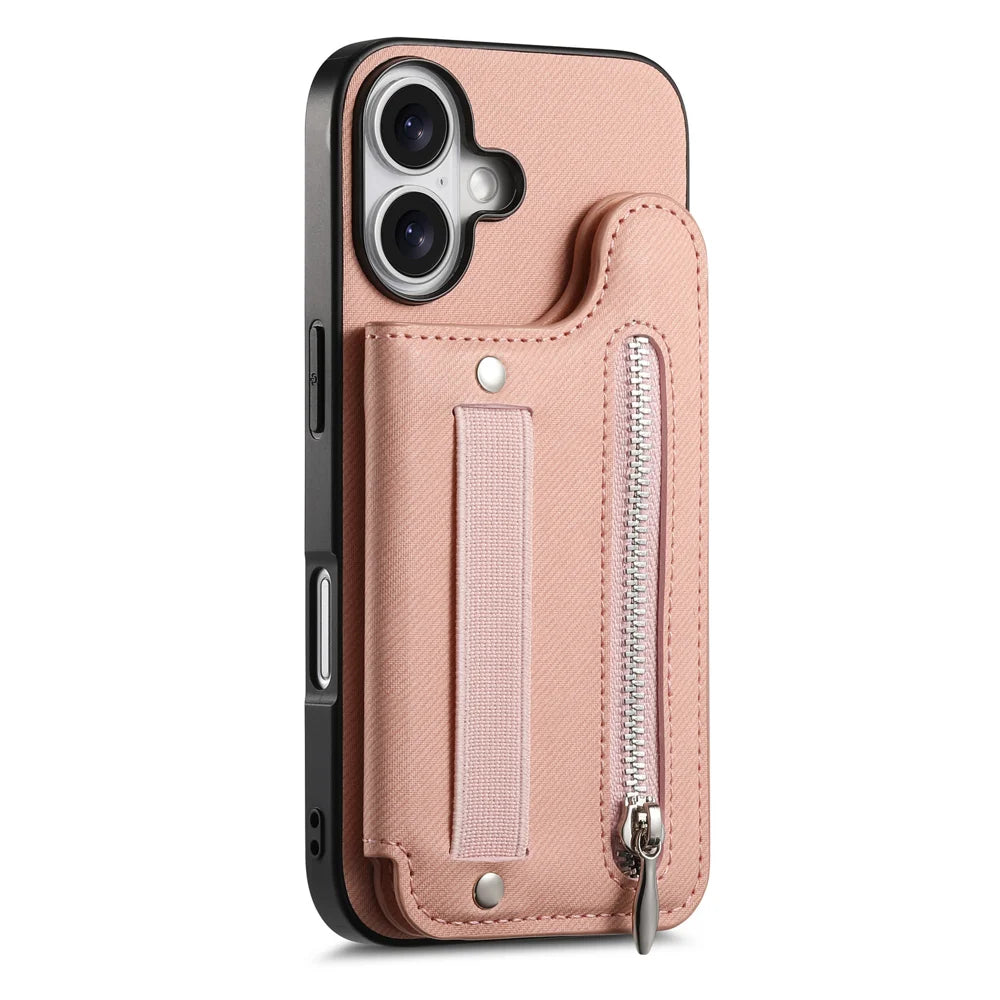 For iPhone 17 Case RFID Blocking Card Holder Jeans Cloth Texture Leather Back Cover with Elastic Wristband - Pink - 2