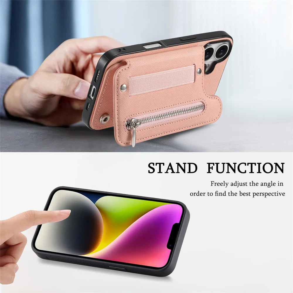 For iPhone 17 Case RFID Blocking Card Holder Jeans Cloth Texture Leather Back Cover with Elastic Wristband - Pink - 7