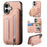 For iPhone 16 Case RFID Blocking Card Holder Jeans Cloth Texture Leather Back Cover with Elastic Wristband - Pink - 1