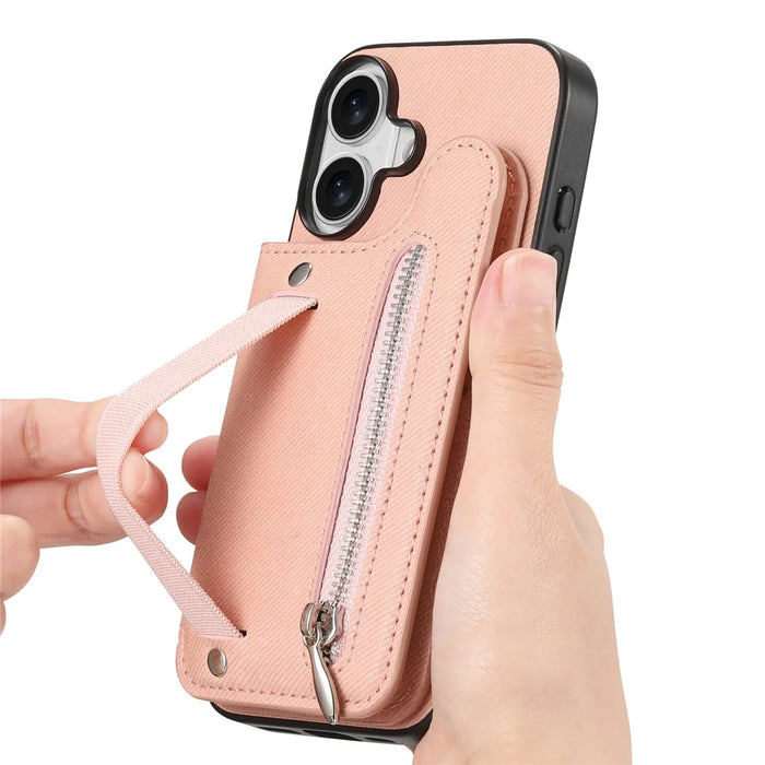 For iPhone 16 Case RFID Blocking Card Holder Jeans Cloth Texture Leather Back Cover with Elastic Wristband - Pink - 3
